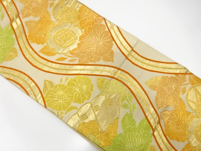 JAPANESE KIMONO / ANTIQUE FUKURO OBI / SILK / WOVEN DRUM & CAMELLIA